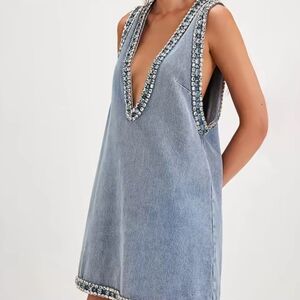 Elegant Denim Blue Embellished Swim Cover-Up